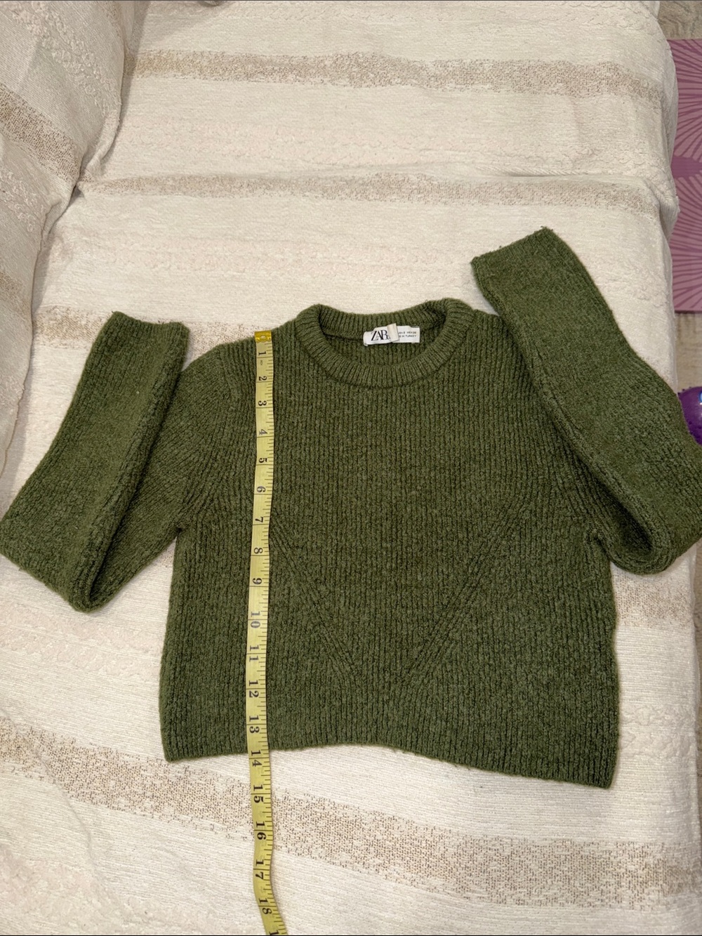 Zara Olive Green Ribbed Crewneck Sweater